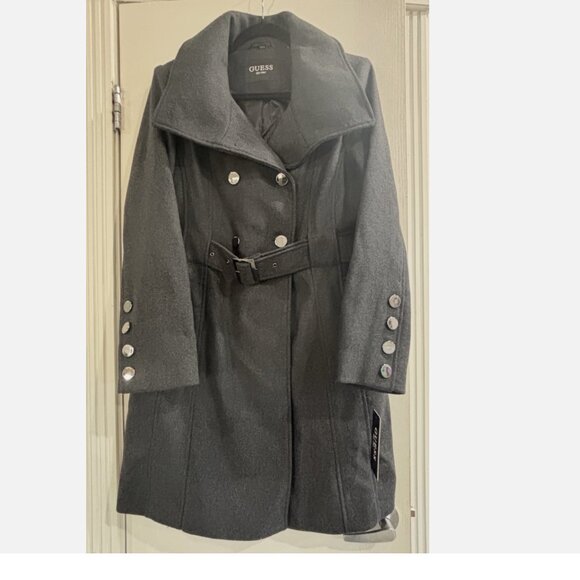 WOMEN'S GUESS BELTED DOUBLE BREASTED WOOL BLEND PEA COAT 22QMP510 LARGE GRAY NWT - Picture 1 of 11